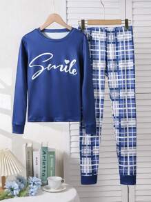 2 件青少年女孩字母印花长袖上衣和格子紧身裤家居服套装，紧身合身 - 寶藍色 - 查看 1