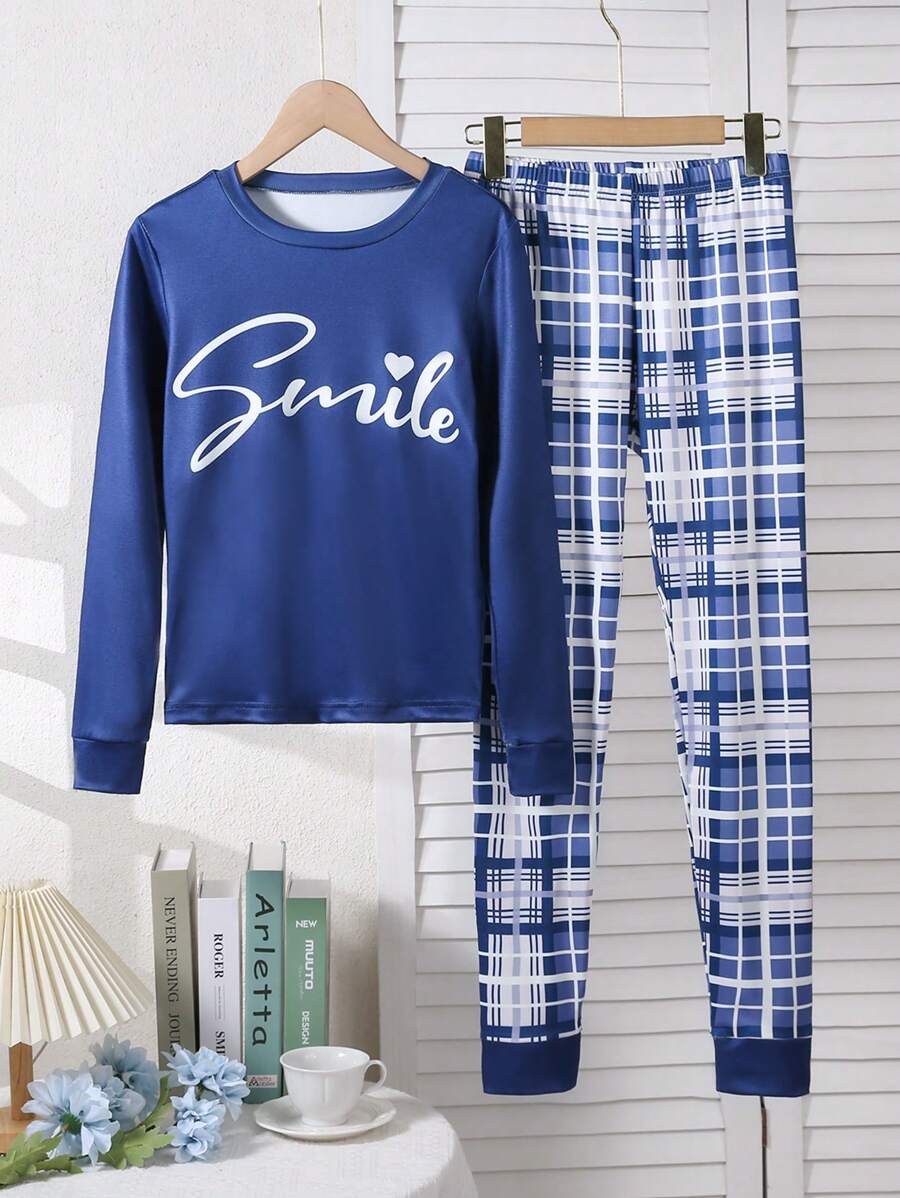 2 件青少年女孩字母印花长袖上衣和格子紧身裤家居服套装，紧身合身 - 寶藍色 - 查看 1