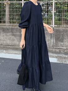 FRIFUL 女式长款深色水洗泡泡袖牛仔连衣裙，秋季服装 - 深色水洗藍 - 查看 3