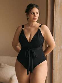 Swim Chiccia 夏季大码连体泳衣，系腰带和可调节肩带，优雅海滩系列