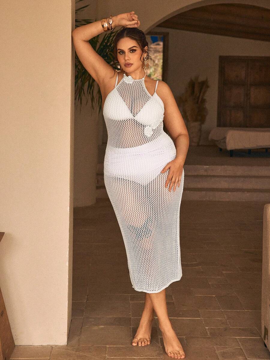 SHEIN X Sofía Suescun SHEIN Swim Curve 大码女式优雅镂空花卉钩针露背针织系带沙滩罩衫连衣裙，适合夏季度假 - 白色 - 查看 1