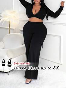 SHEIN CURVE+ Plus Size Women's High Waisted Elastic Wide Leg Pants, Daily Casual Streetwear With Pockets, Workwear Style,