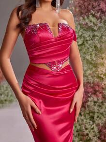 Glamrae Váy dài đuôi cá bằng vải satin nhún bèo trễ vai đính đá màu hồng cánh sen sang trọng và thanh lịch, váy dự tiệc cưới, phù hợp cho đám cưới, tiệc tùng, kỳ nghỉ, dạ hội, sự kiện trang trọng, váy dự tiệc, váy dạ hội - Màu Hồng Tươi - Xem 2
