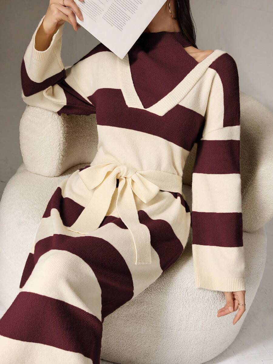 Mulvari 女式条纹落肩长袖休闲毛衣连衣裙 - 酒紅色 - 查看 1