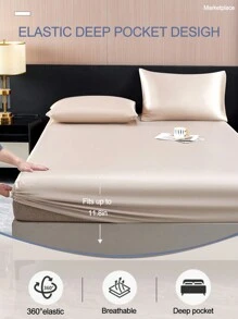 1PC Solid Color Khaki Satin Fitted Sheet Simulation Silk Fitted Sheet With 1pc Fitted Sheet  Valentine's Day Mattress Cover For Bed, Modern Soft Bedding Set For Household King Queen Full Twin Size  Sheet Bedspread Deep Pocket Up To 11.8 Inch Breathable Wrinkle-Free Better For Sleep, Machine Washable