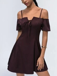 Aveloria Affinna Cami Off The Shoulder Mini Bowknot Design Simple Versatile Women Dress - Burgundy - View 6