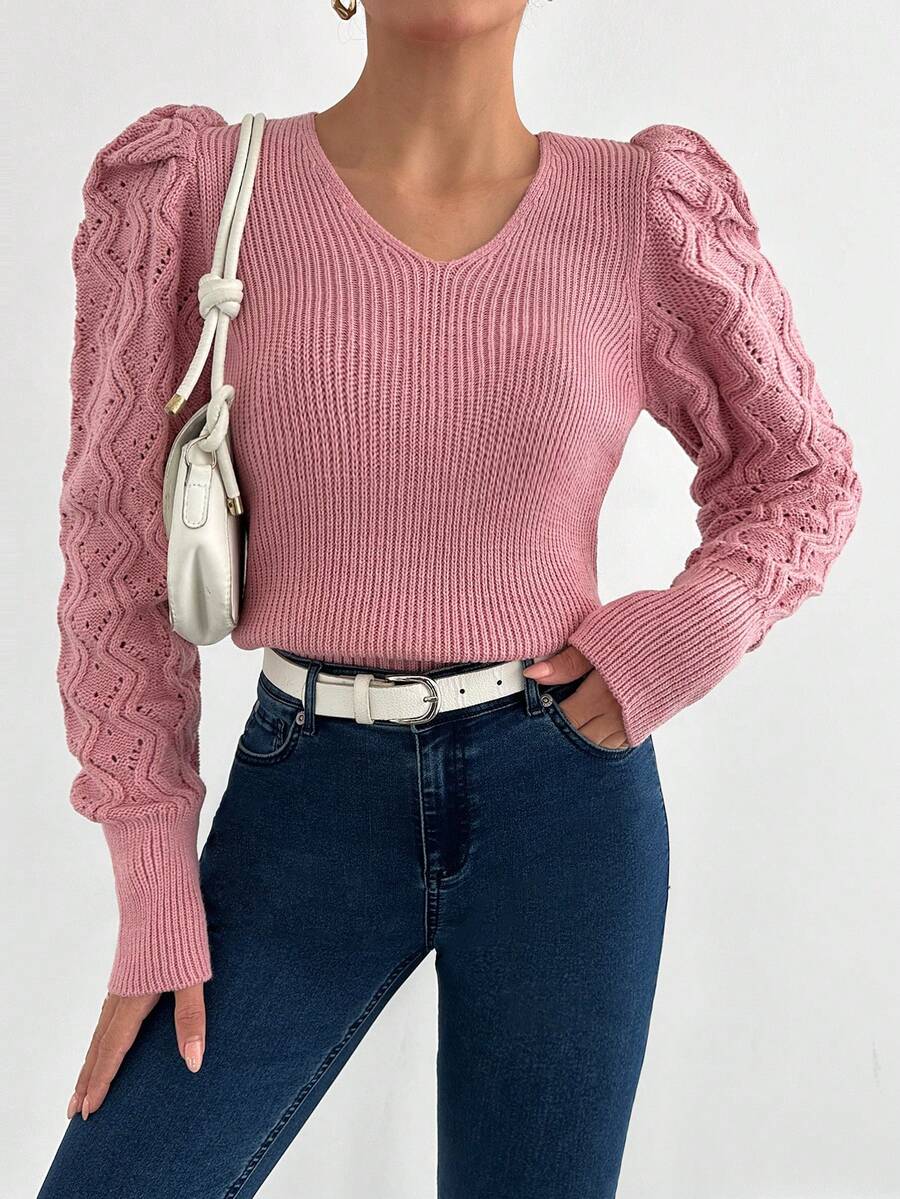 EURMUSE V-Neck Solid Color Puff Sleeve Knit Sweater - Pink - View 1