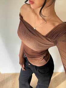 Aloruh Women's Elegant Sexy Vintage Asymmetric Oblique Collar Long Sleeve Tie-Dye Print Top, Autumn/Winter - Multicolor - View 1