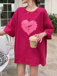 DAZY Camiseta informal de mujer de manga corta con cuello redondo holgada y estampado de corazones, camisetas gráficas