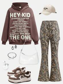 SHEIN Bộ 2 món áo hoodie rộng rãi thoải mái cho bé gái tuổi mới lớn và quần túi hộp - Nhiều màu - Xem 1