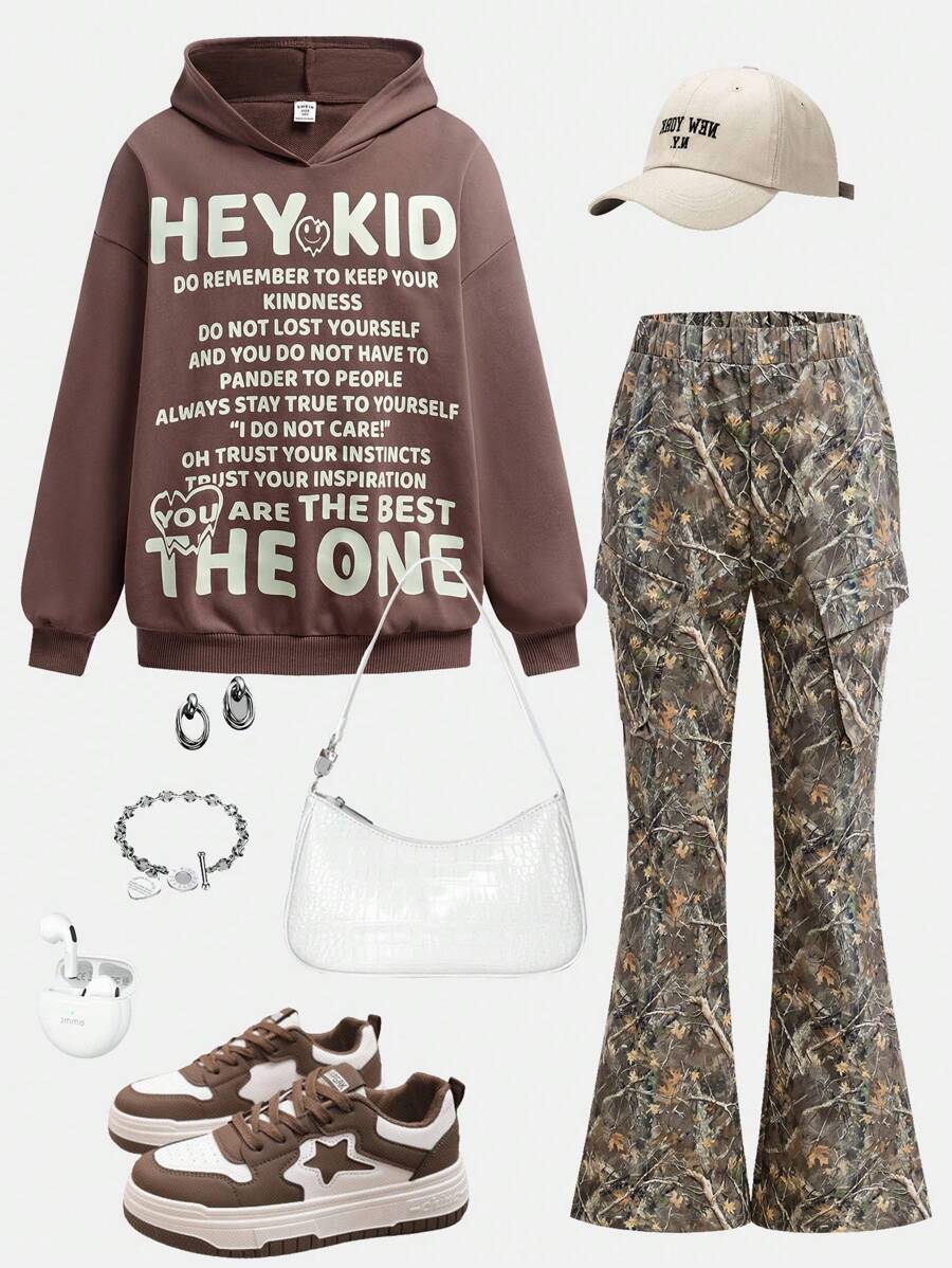 SHEIN Bộ 2 món áo hoodie rộng rãi thoải mái cho bé gái tuổi mới lớn và quần túi hộp - Nhiều màu - Xem 1