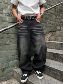 Manfinity Homme Men's Loose Fit Wide Leg Pockets Jeans