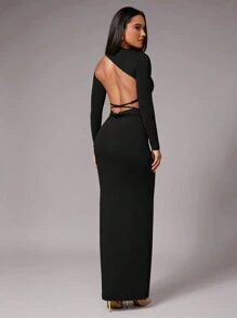 SHEIN BAE Autumn Winter Solid Coffee Brown Sexy Elegant Hollow Backless Tie Up Long Sleeve Form Fitting Ruched Fishtail Hem Dress, Suitable For Cocktail Party, Romantic Date, Layering Under Dress, Party, Formal Occasion, Night Out, Wedding Guest, Halloween, Christmas - Black - View 5