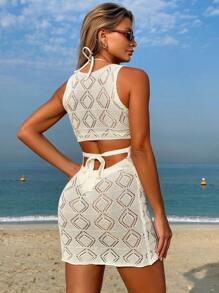Ținută de vacanță la plajă pentru femei, rochie de acoperire pentru costum de baie tricotată alb tropical solid, cu design cu șireturi fără spate, rochie de plajă, ocazională, confortabilă, fără mâneci - alb - Vizualizare 3