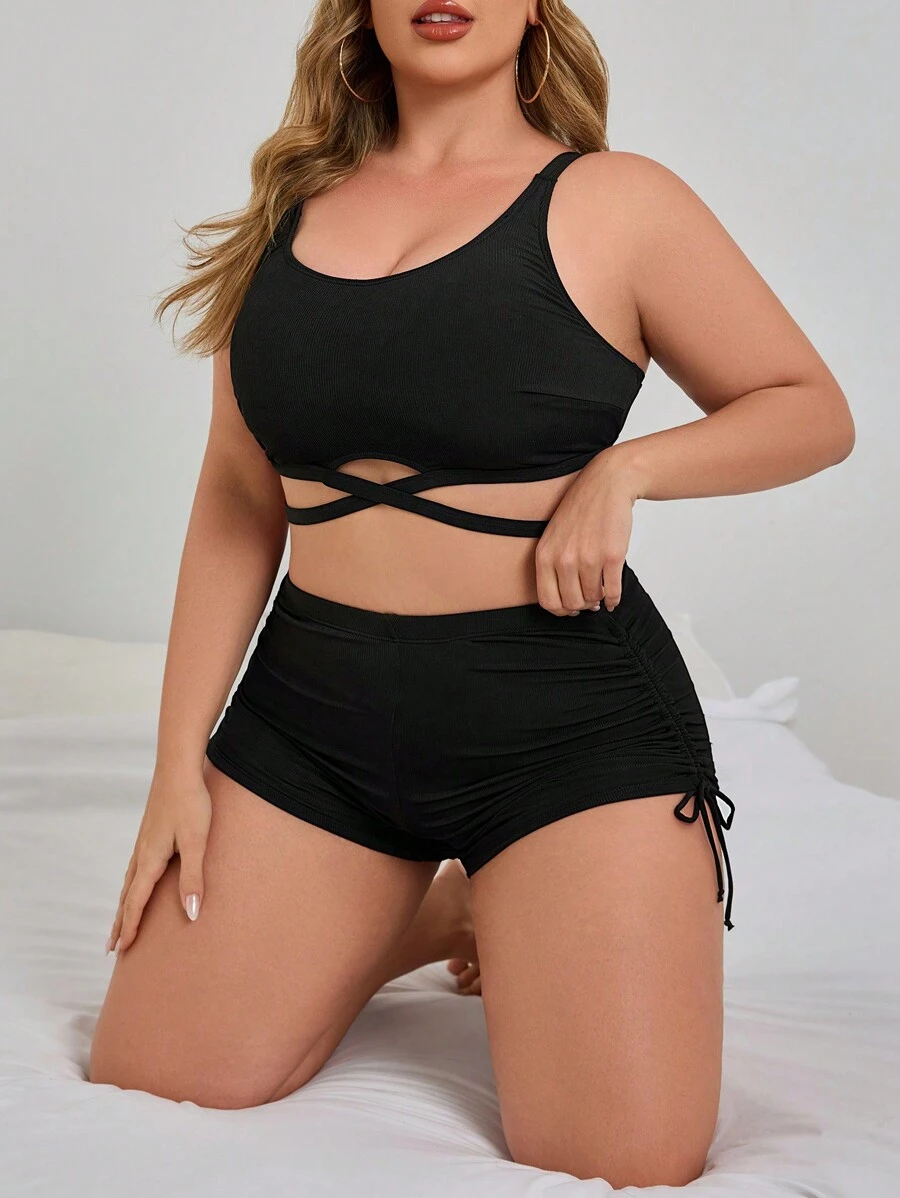 SHEIN Swim Curve Plus Size Women 2pcs Ribbed Texture Solid Color Drawstring Waist Bikini Set, Summer