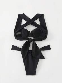 SHEIN Swim 2pcs Women Solid Color Halter-Neck Criss-Cross Back Top And Thong Bikini Set, Sexy Swimwear, For Summer Beach Vacation - Black - View 3