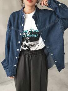 FRIFUL 女士宽松牛仔拼接衬衫，藏蓝色，春季牛仔外套，秋季女装长袖