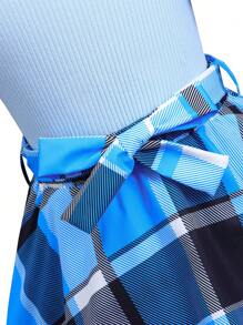 SHEIN 2pcs Set: Young Girls Plain Round Neck Puff Sleeve Top And Plaid Mini Skirt With Hat - Blue - View 3