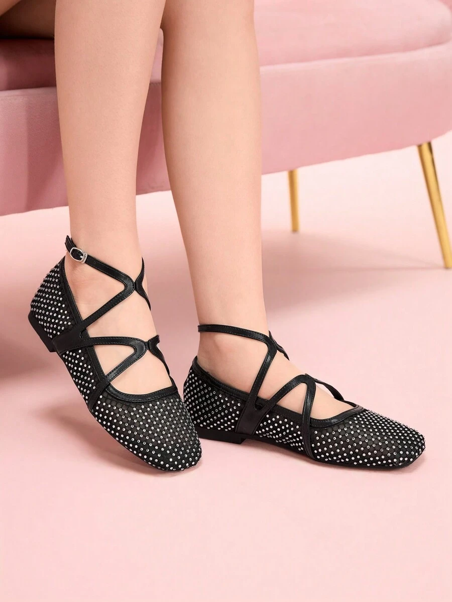 CUCCOO DOLLMOD Zapatos planos cómodos con puntera redonda y diseño floral patchwork para mujer - Negro - Ver 1