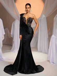 Glamrae Elegante, romántico, sexy y de moda, vestido de fiesta de satén negro, tela elástica de punto, con encaje, escote asimétrico sin tirantes, mangas largas, decoración plisada, decoración de espina de pescado con forma de corsé, bajo de cola de pez con cola larga, adecuado para ocasiones formales, fiestas, citas, bailes de graduación, cenas, vestido de fiesta, vestido de noche, vestido de gala, graduación, atuendos para maestras, vestido para maestras, para el Día de San Valentín - Negro - Ver 4