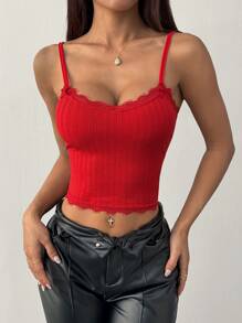 SHEIN Unity Áo hai dây viền ren đỏ mới, kiểu dáng ôm vừa vặn, áo ngày lễ tình nhân - Đỏ - Xem 4