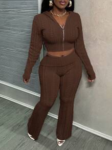 Slaydiva 2pcs/Set Casual Pink Hooded Cardigan And Low Waist Flared Knitted Pants Set - Brown - View 1