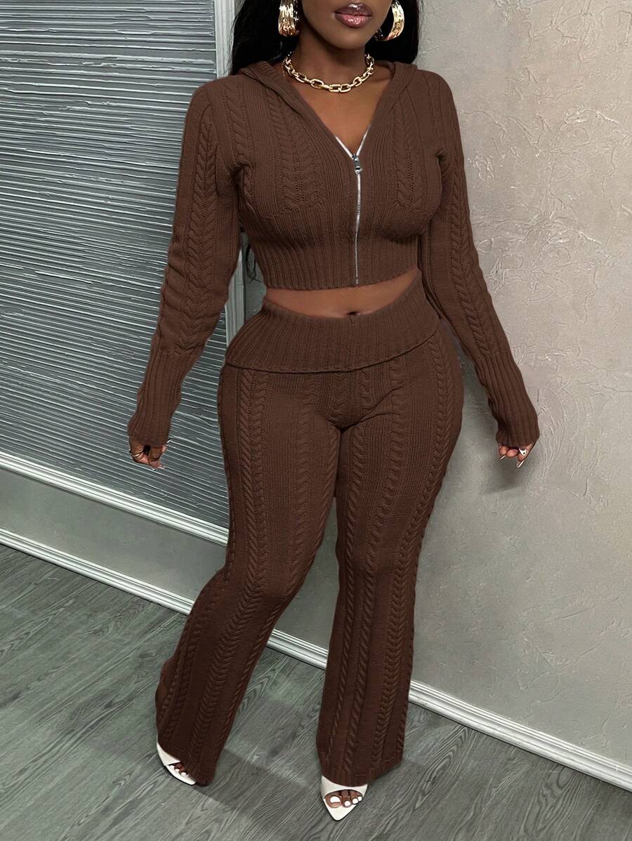 Slaydiva 2pcs/Set Casual Pink Hooded Cardigan And Low Waist Flared Knitted Pants Set - Brown - View 1