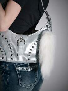 ROMWE Kawaii 1 件简约精致时尚高品质白色毛茸茸尾巴钥匙扣和钥匙圈，适合女性的百搭配饰，很棒的礼物 - 白色 - 查看 2