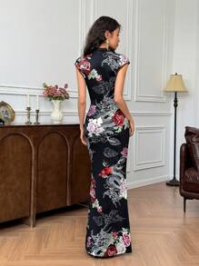 EastFlair 女士花卉印花旗袍领优雅长裙