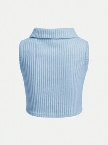 SHEIN Girlism Tween Girl 优雅衣领心形纽扣罗纹针织无袖背心 - 淺藍色 - 查看 2