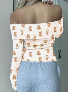 SHEIN EZwear Damski top vintage z odkrytymi ramionami i wygodnym, uniwersalnym, dopasowanym długim rękawem do jesienno-zimowych warstwowych stylizacji