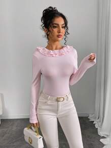 SHEIN Unity 杏色荷叶边荷叶边修身性感针织上衣 - 粉色 - 查看 3