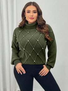 SHEIN Unity Plus Size Women Turtleneck Sweater, Rhombus Plaid Beaded Casual Pullover For Autumn/Winter - Army Green - View 3