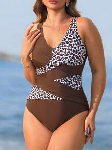 Swim Lushoire Baju Renang Terusan Wanita Kasual Musim Panas Elegan Seksi dengan Tali Lebar, Warna Polos, Dipadukan dengan Motif Leopard Acak & Jala - MultiWarna - View 2