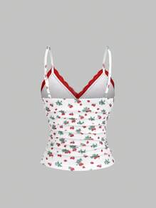 Sweetra 女士新品春夏甜美性感家居服日常乡村针织纹理草莓印花蕾丝蝴蝶结 V 领褶皱吊带背心 - 彩色 - 查看 2