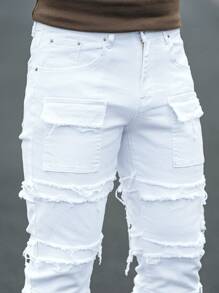 Manfinity LEGND Pantalones casuales de corte de pezuña de ajuste delgado de mezclilla para hombres, minimalistas y de moda para uso diario, salir, fiesta callejera, fiesta, estilo emo - Blanco - Ver 4