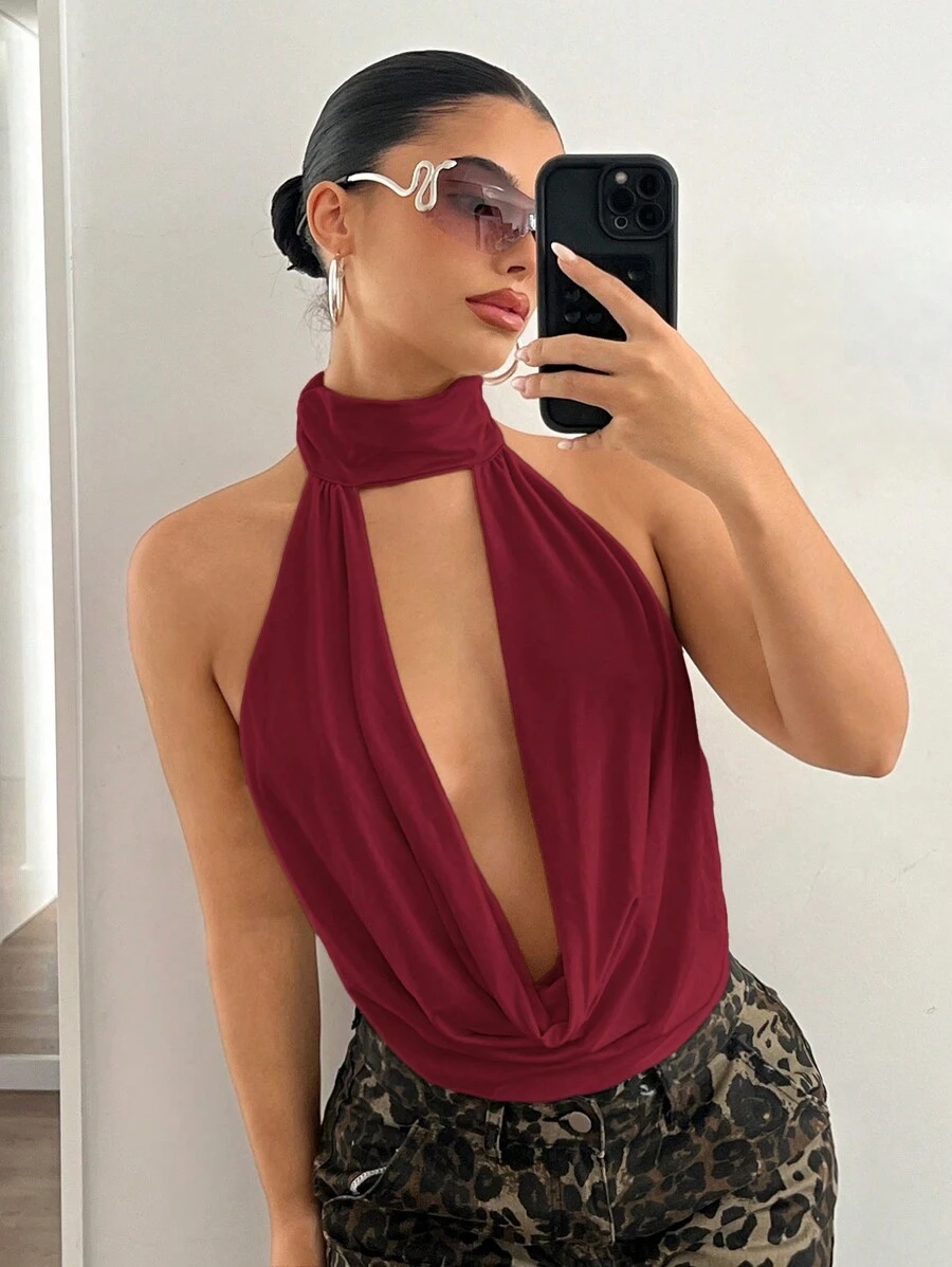 SHEIN ICON Women's Sexy Cut-Out Halter Solid Backless Sleeveless Tank Top For Going Out - Burgundy - View 1