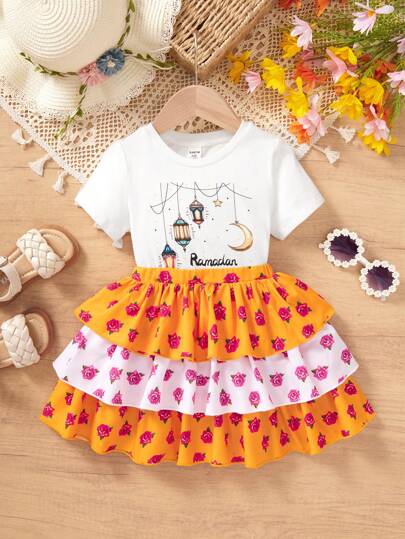 SHEIN Leap Crew 2 件装女婴碎花短袖上衣和裙子套装，夏季服装