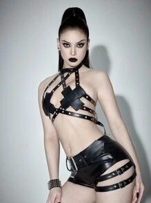 ROMWE Grunge Punk Áo hai dây cổ yếm bằng da PU đính chữ thập gợi cảm cho nữ - màu đen - Xem 7