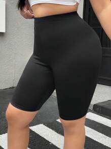 SHEIN EZwear Set de 2 pantalones cortos negros de talle alto y silueta ajustada de tela fresca para tallas grandes, ropa de primavera y verano para estudiantes universitarios
