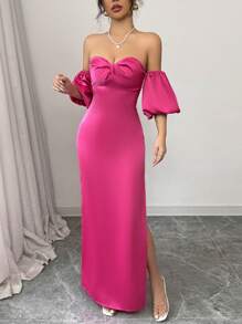 Rafferiza Elegantes figurbetontes ärmelloses Satin-Kleid mit Twist-Detail an der Front, Laternenärmeln und Fishtail-Saum, Rosenrot, Frühling/Sommer - Pink - Übersicht 6