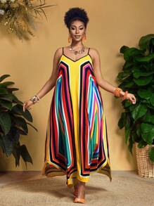 Slaydiva 大码女式宽松几何图案 V 领无袖度假连衣裙