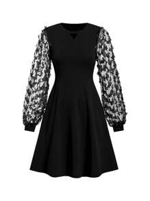 Ellevyn 黑色对比色拼接蝴蝶网眼覆盖长袖修身喇叭迷你连衣裙女士情人节装情人节连衣裙 - 黑色 - 查看 3