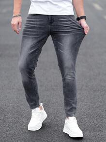 Manfinity Homme Men's Casual Denim Skinny Jeans, Simple Fashion Daily Wear - Light Grey - View 8