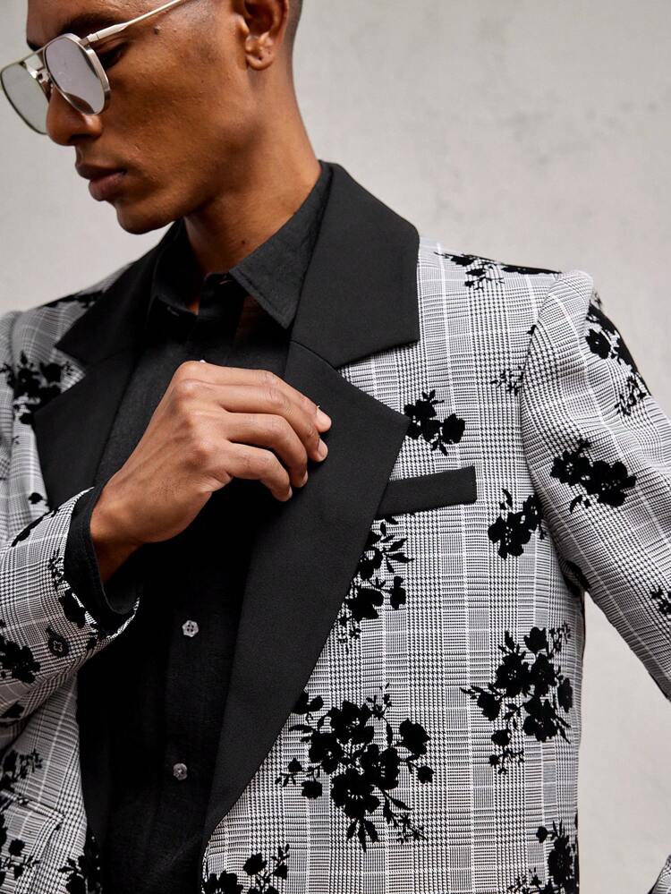 メンズ ブラック ハウンドトゥース フローラルプリント パッチワーク コントラストカラー スリムフィット ショートカジュアルスーツセット 2点、オフィス & デイリーウェア、秋冬適用