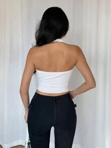 Chiquease 1pc Women's Solid Color Racer Back, Turtleneck, Slit Slim Fit Tank Top With Metal Hardware - White - View 3