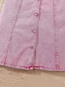 Girls' Washed Denim Pink Sleeveless Shirt Dress - Pink - View 3