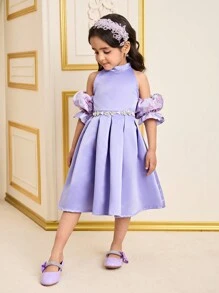 SHEIN Young Girls Baby Purple Floral Jacquard Open Shoulder A-Line Dress,Summer Birthday Parties,Family Gatherings And Outings Dress For Young Girl - Dusty Purple - View 3