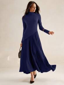 Anewsta Vestido midi de punto patchwork con cuello alto, mangas largas y bajo acampanado, color café, estilo urbano chic - Azul Marino - Ver 4