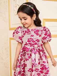 Vestido mini de cuello redondo con mangas abullonadas y estampado floral para niña joven